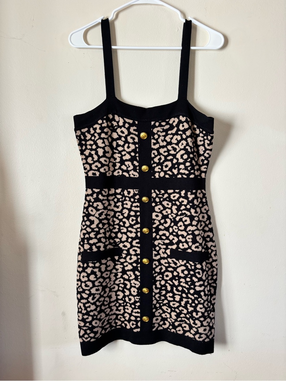 Black & Blush Leopard Knit Mini Dress with Gold Buttons